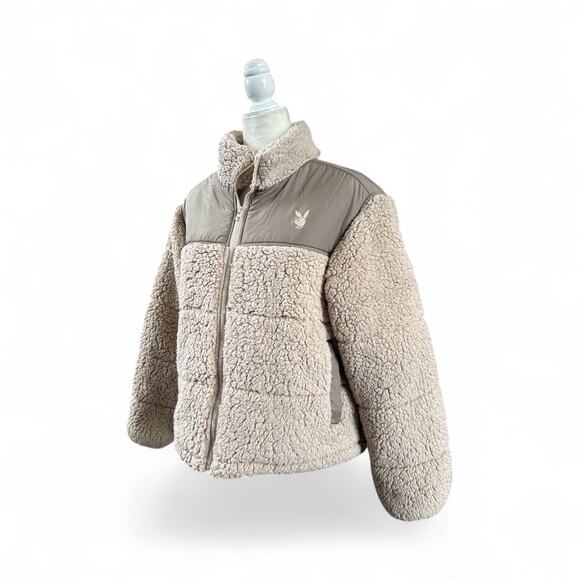 PacSun x Playboy Women’s Sherpa Cropped Zip Front Jacket XS/Small Tan - Picture 4 of 8